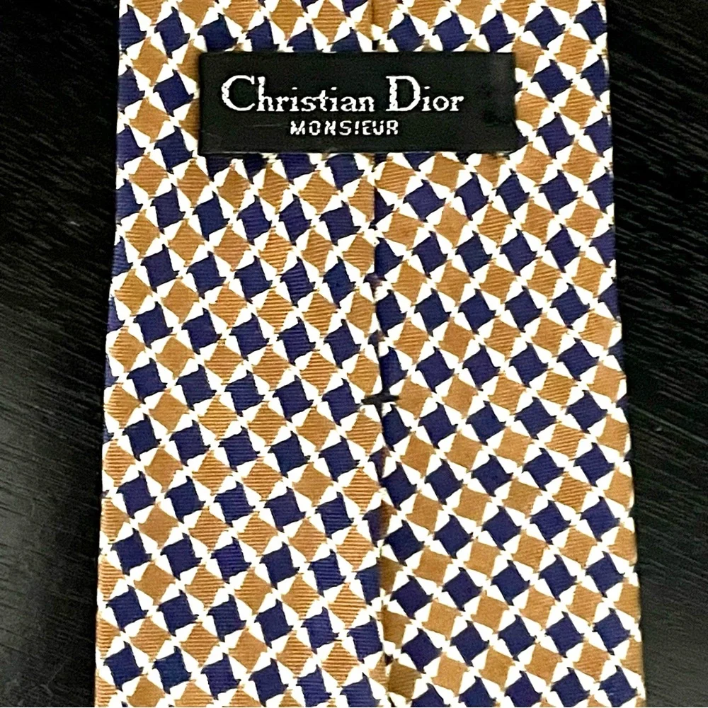 Christian Dior Silk Tie Blue Mustard Yellow Chic Party Office Suit Shirt Attire